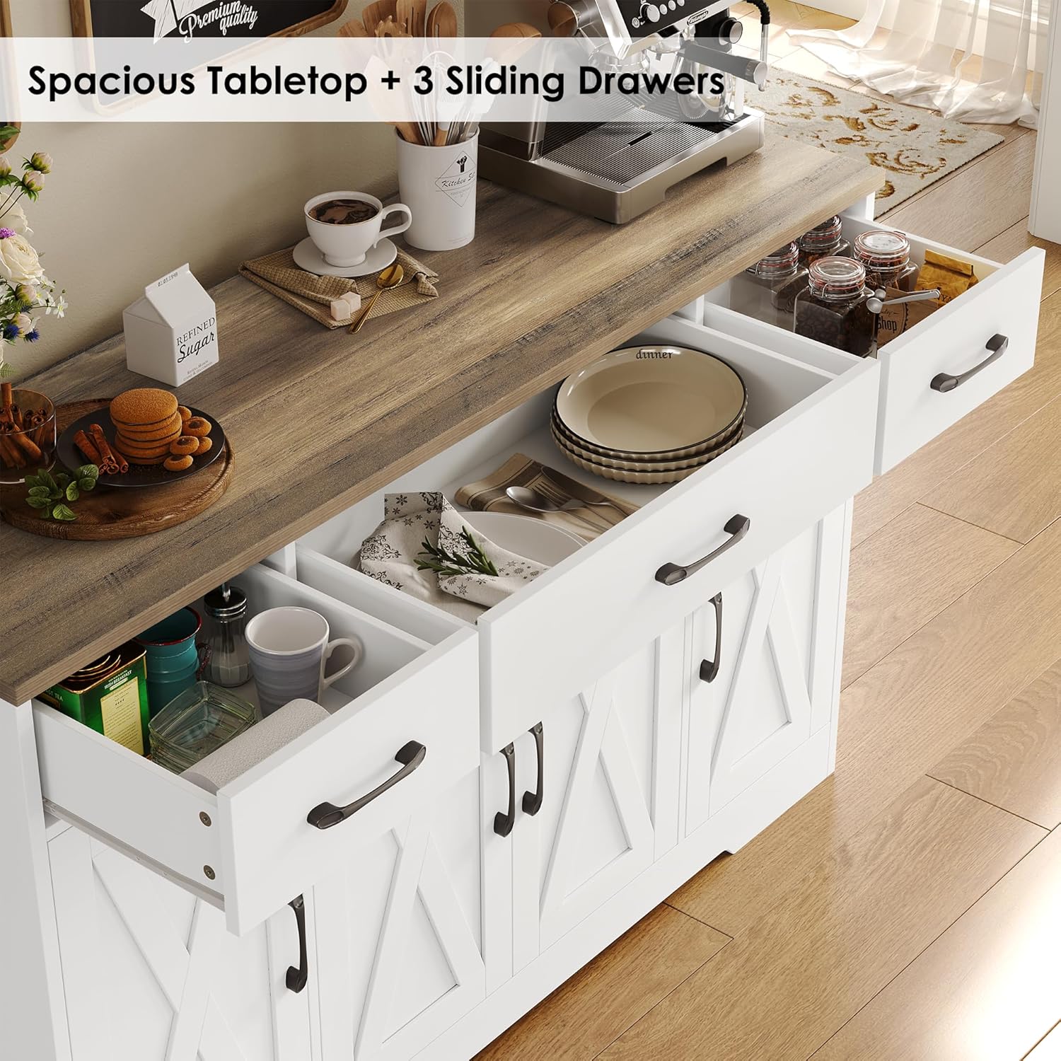 Sideboard with drawers, large 55-inch sideboard, sideboard storage with shelves and doors, modern farmhouse coffee bar wood kitchen dining table