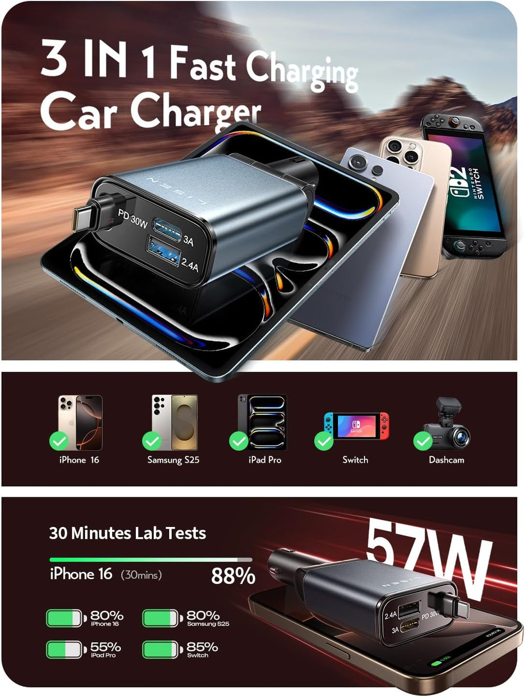 LISEN Retractable USB C Fast Car Charger