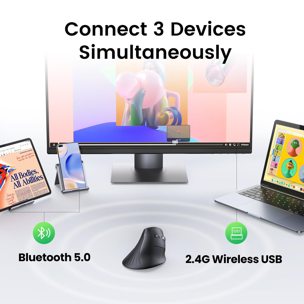 UGREEN Chuột Công Thái Học Dọc Không Dây 2.4G, 4000DPI, Bluetooth 5.0