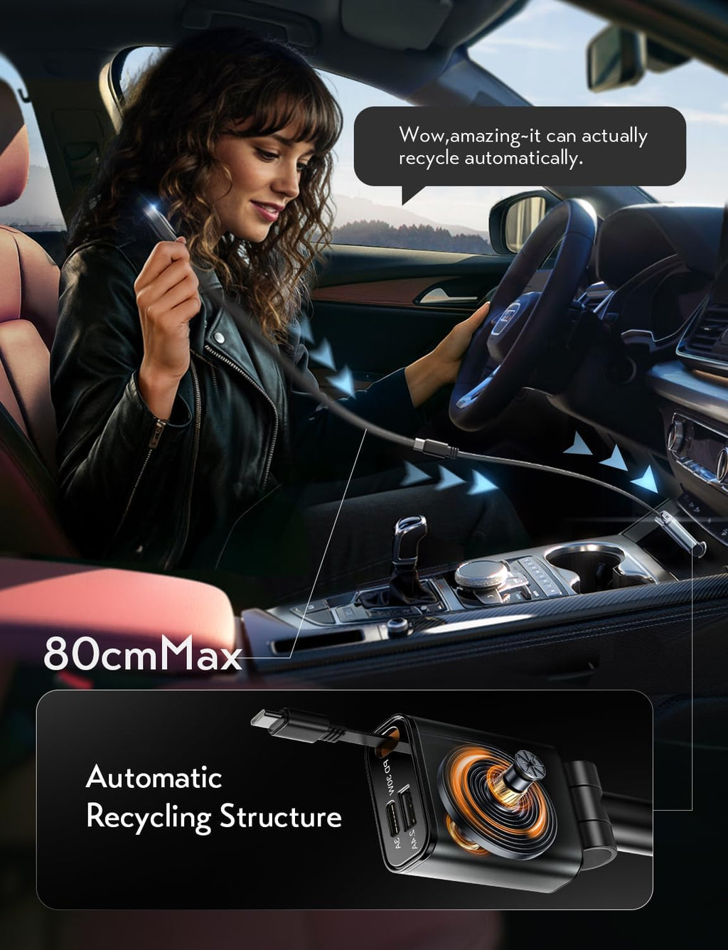 LISEN Retractable USB C Fast Car Charger