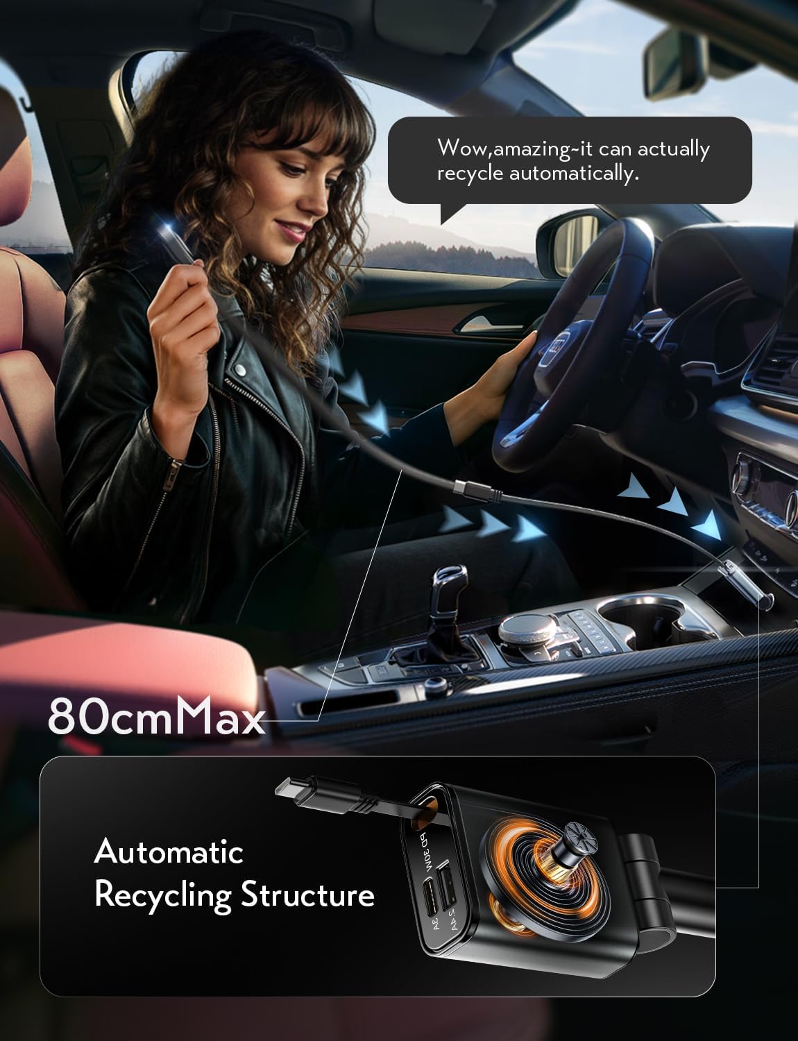 LISEN Retractable USB C Fast Car Charger