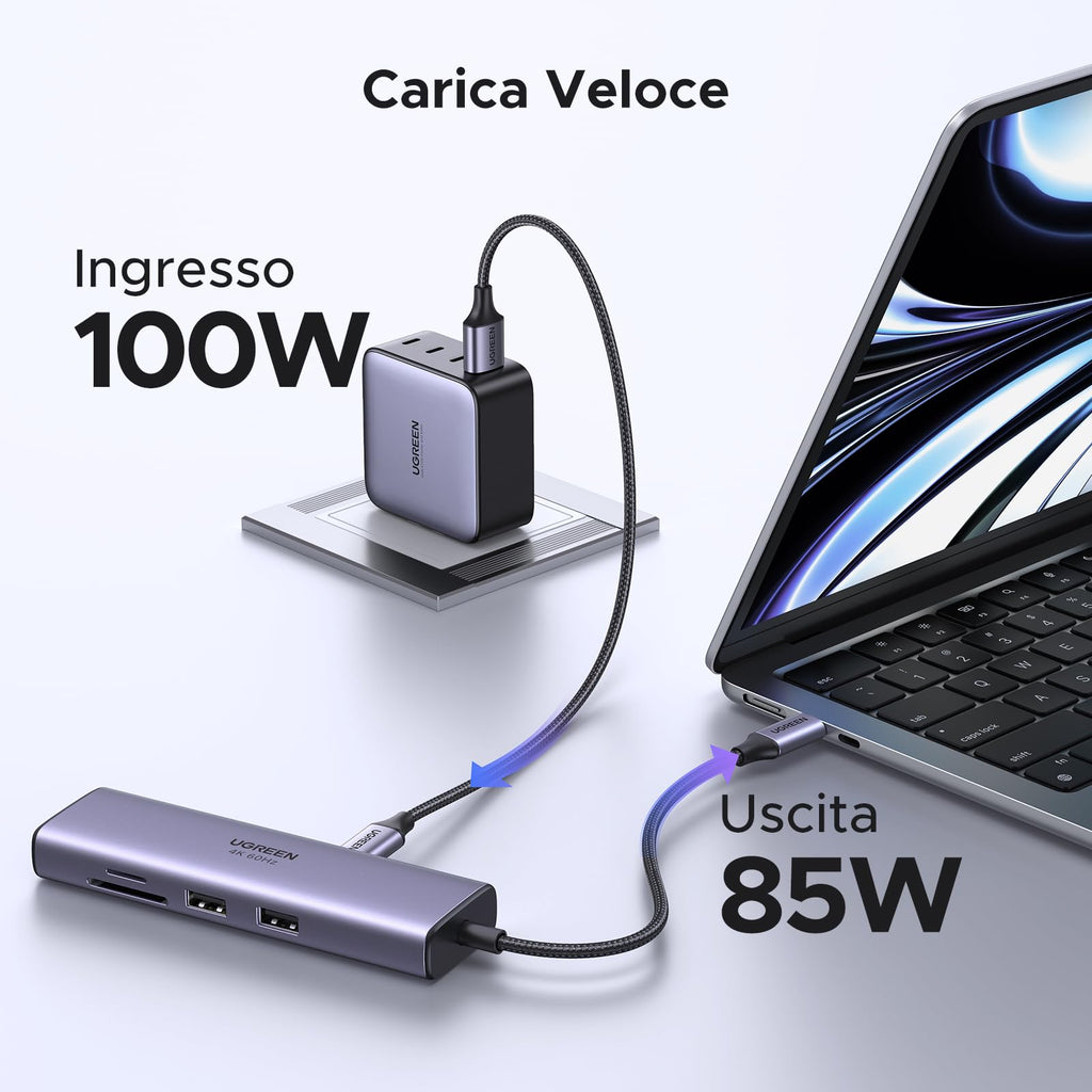 UGREEN Revodok 107 Hub USB C Ethernet Gigabit HDMI 4K 60Hz PD 100W Lettore Schede SD TF Adattatore Type C