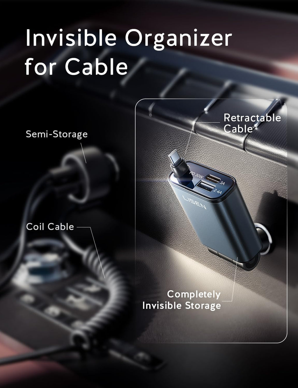 LISEN Retractable USB C Fast Car Charger
