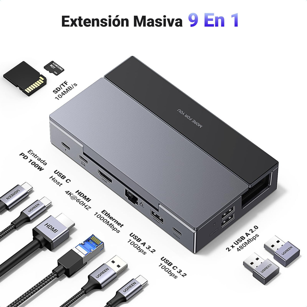 UGREEN Hub USB C HDMI 4K 60Hz 9 En 1 Dock Steam Deck ROG Ally Adaptador Tipo C 3.2 10Gbps