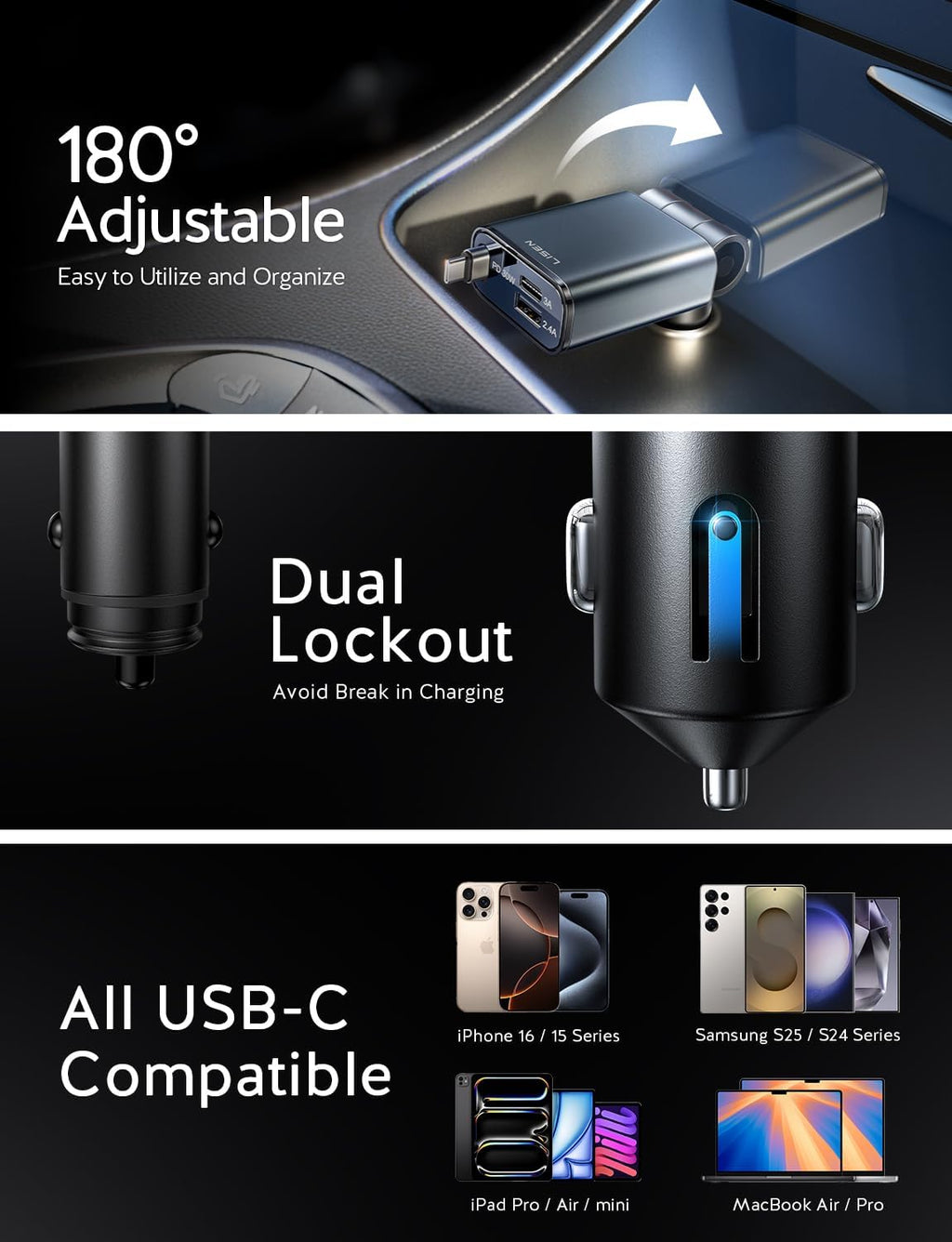 LISEN Retractable USB C Fast Car Charger