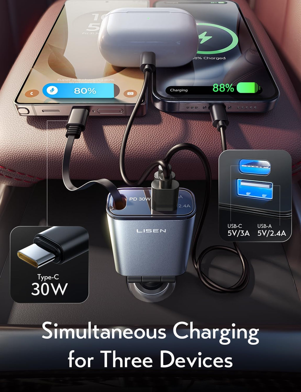 LISEN Retractable USB C Fast Car Charger
