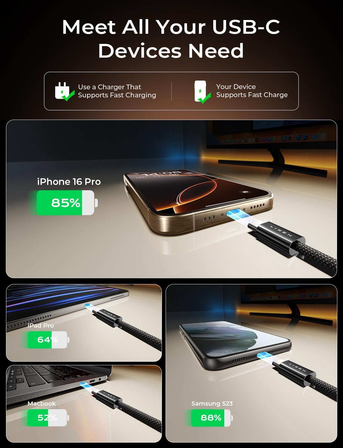 LISEN USB C Cable, 5-Pack [3.3/3.3/6.6/6.6/10FT]