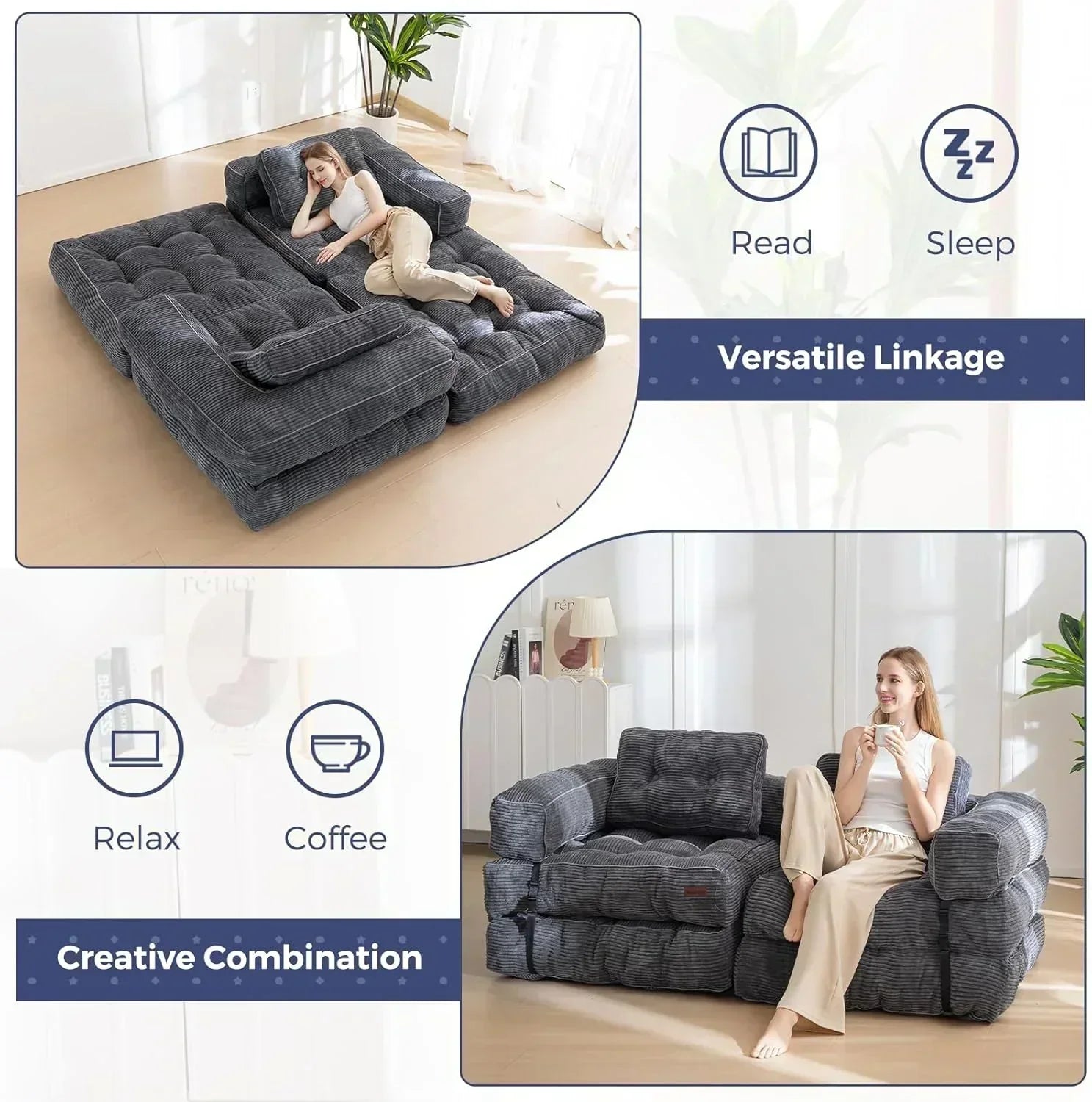 Folding Sofa Bed L-Shaped Convertible Sofa Bed with Armrests and Pillows