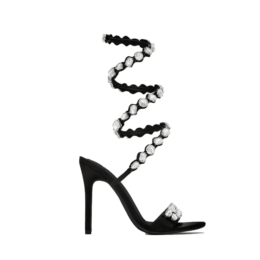 11cm Stiletto Heel Small Round Toe Satin Surface Rhinestone High-Heeled Sandals Summer Rivet