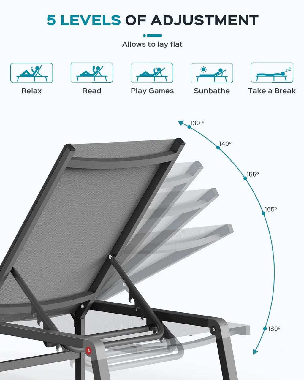 Aluminum Chaise Lounge Ourdoor - Foldable & Assemble Free Outdoor Lounge Chair with 5 Adjustable Backrest, Patio Lounge Chair for Outside Poolside Beach Pool, Black