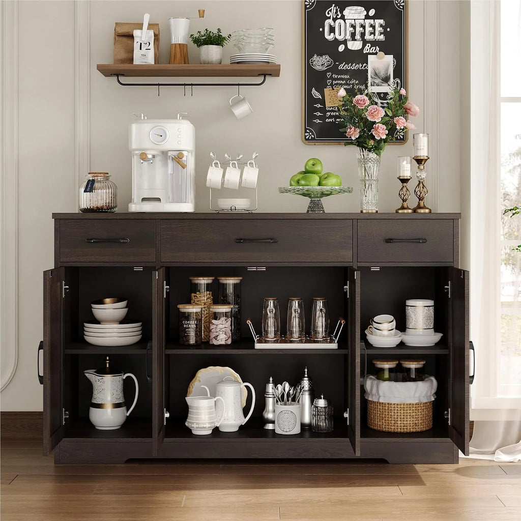 Sideboard with drawers, large 55-inch sideboard, sideboard storage with shelves and doors, modern farmhouse coffee bar wood kitchen dining table