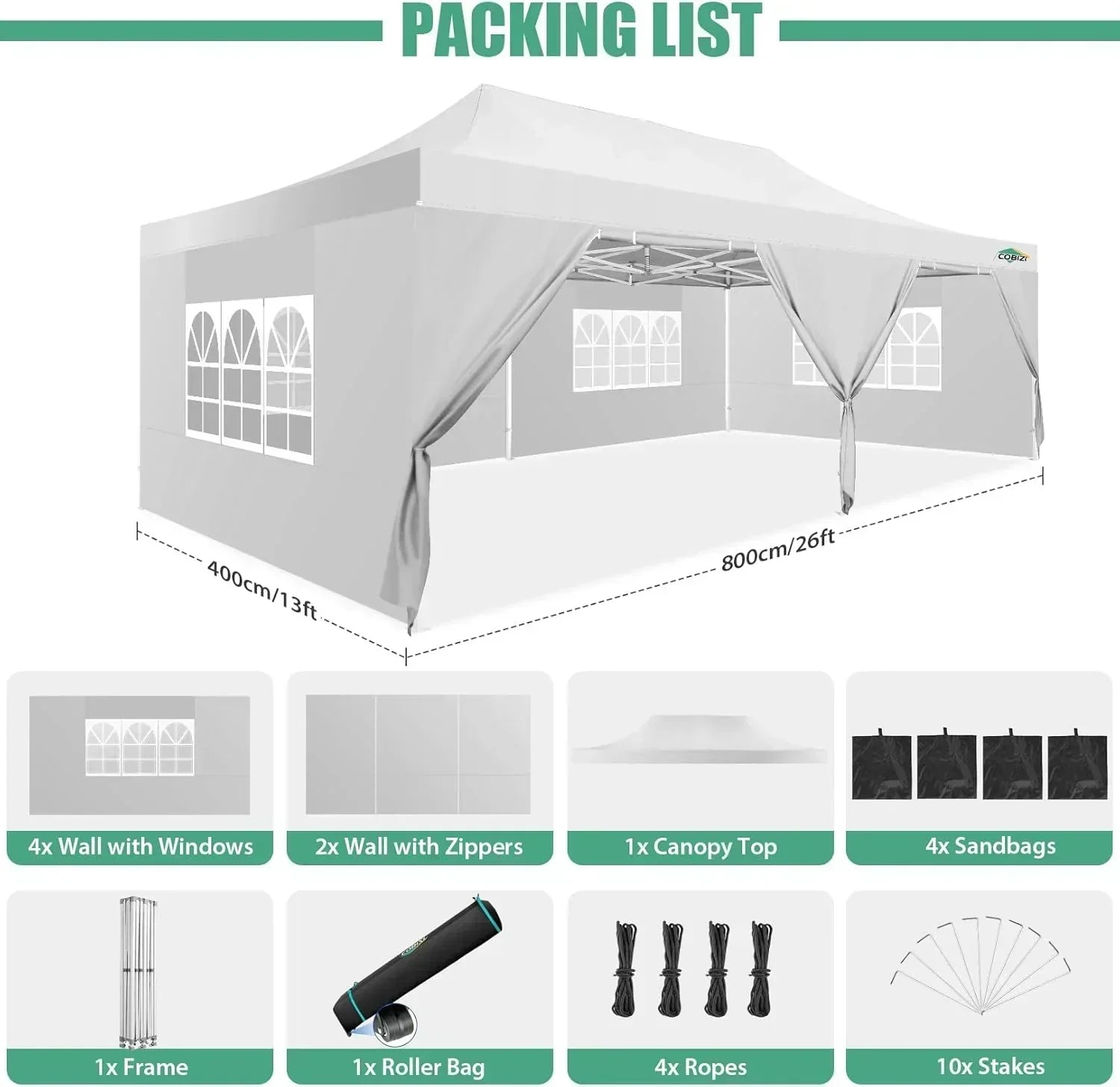 COBIZI 10x20 Heavy Duty Pop up Canopy Tent 6 sidewalls Commercial Canopy Wedding Party Tents