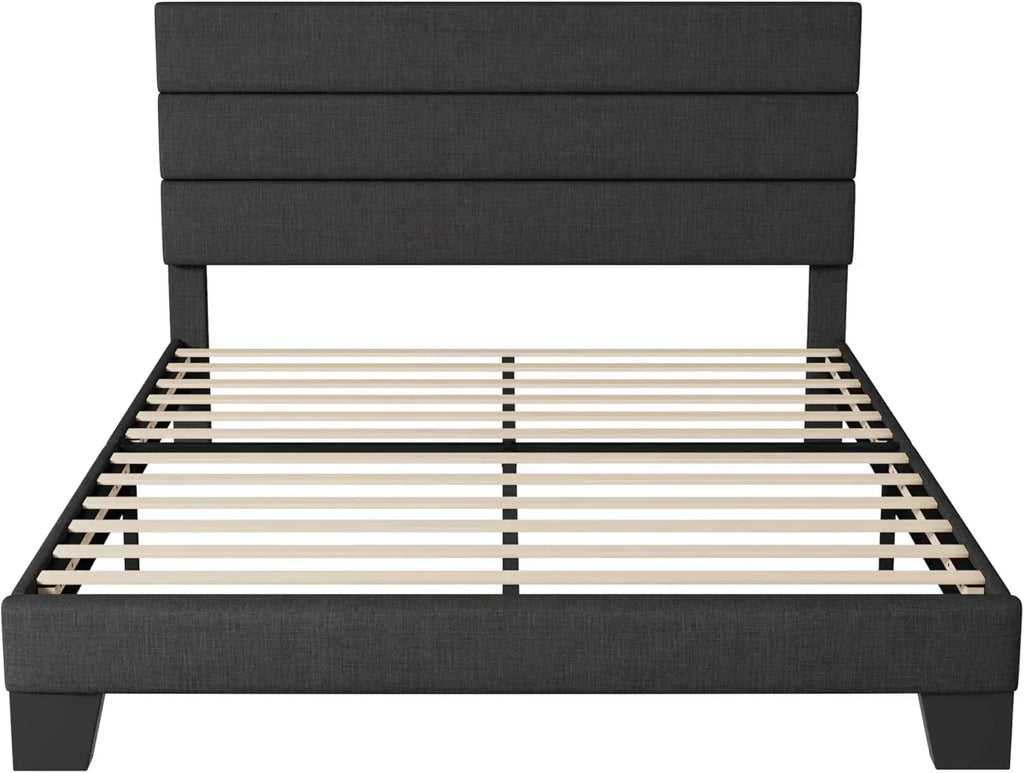 Allewie King size platform bed frame with velvet upholstered headboard and planks