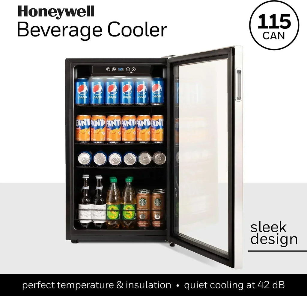 Honeywell Beverage Refrigerator and Cooler 115 Can Mini Fridge with Glass Door for Soda Beer