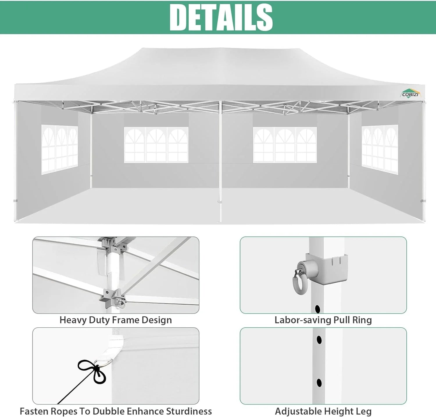 COBIZI 10x20 Heavy Duty Pop up Canopy Tent with 6 sidewalls Easy Up Commercial Outdoor Canopy Wedding Party Tents for Parties All Season Wind & Waterproof Gazebo with Roller Bag,Black(Frame Thickened)