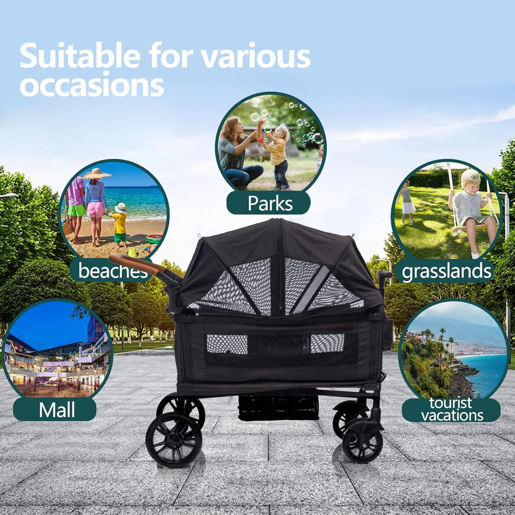 Wagon Stroller for 2 Kids & Cargo-Travel Stroller Push-Pull Double Wagon Lightweight Folding Stroller for Newborn&Toddler with 5-Point Harness,Adjustable Handle Bar and Canopy,Tray Table,Cup Holder