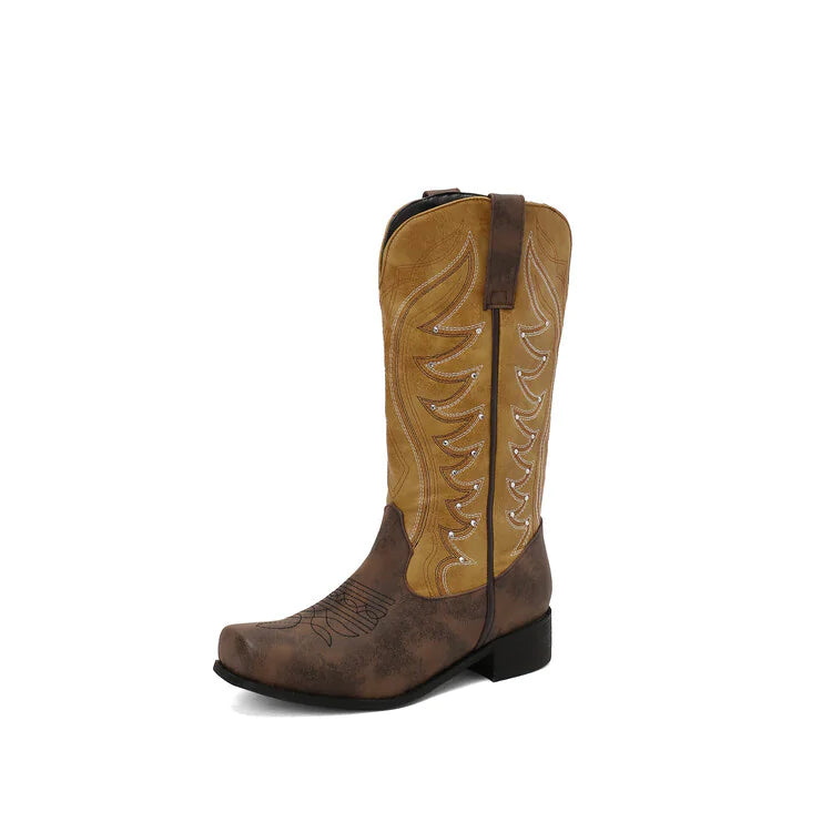 Embroidered Western Denim Mid-Heel Boots