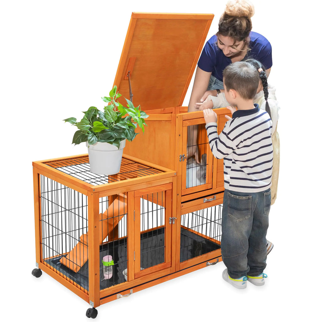 Rabbit Cage Bunny Hutch Indoor Outdoor with Wheels 2 Removable Bottom Trays Waterproof Roof Large Wooden Small Animal House Enclosure 39" L x 24" W x 37" H Orange