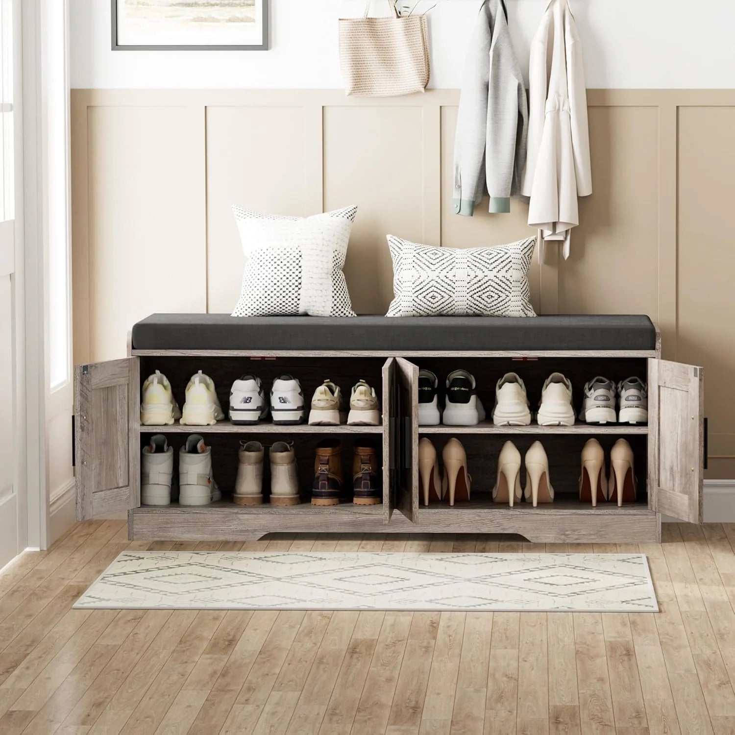 2-Tier Storage Bench, Shoe Bench with Thickened Padded Seat Cushion, Entryway Bench with 4 Doors, Adjustable Shelf, 13.8 D x 45.3 W x 18.5 H, for Entryway, Living Room, Bedroom, White