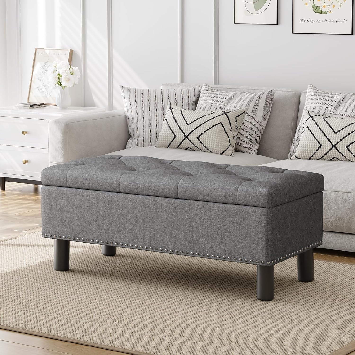 Furniliving Modern Storage Ottoman Bench, Sherpa Ottoman End of Bed Bench with Solid Wood Legs Upholstered Ottoman Benches with Storage Indoor Bench