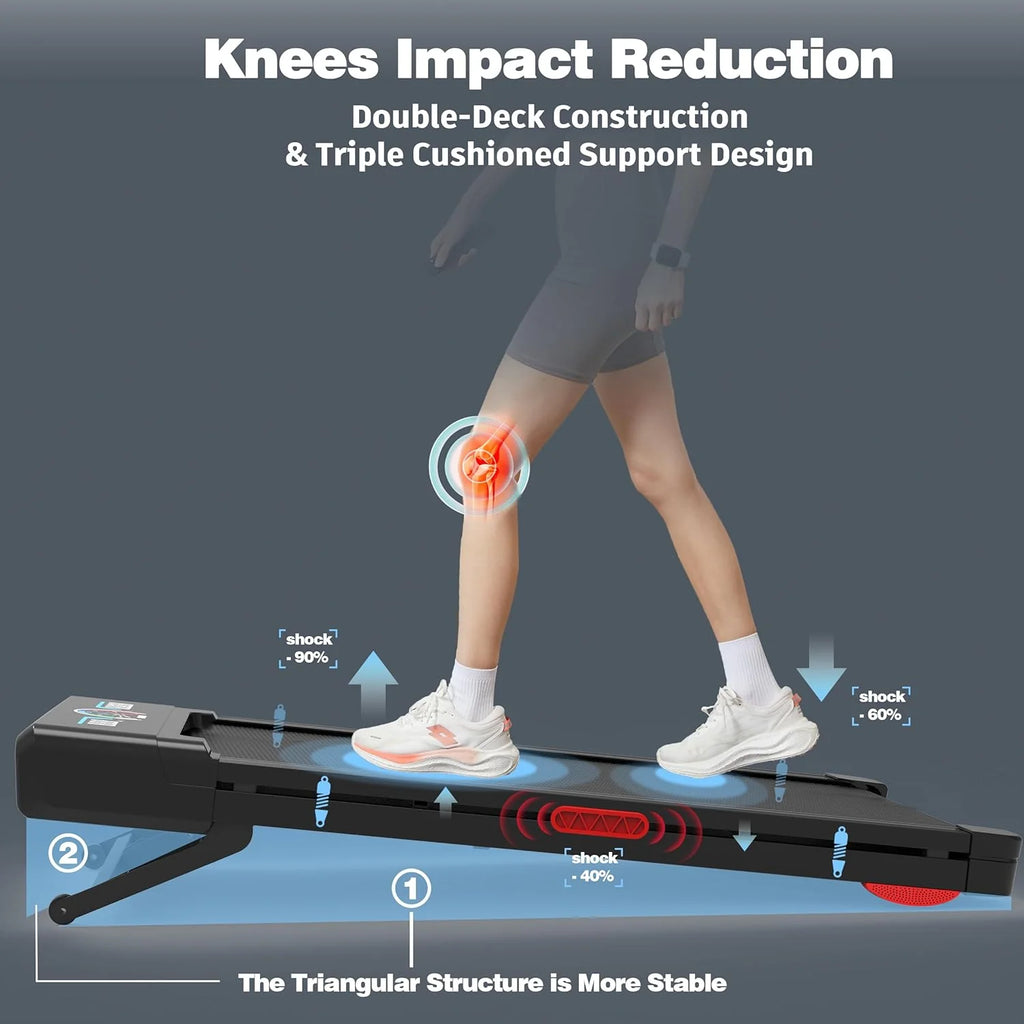 The Walking Pad treadmill features 12% 9-level automatic incline, 450-pound capacity, RGB LED screen, and Bluetooth speakers.