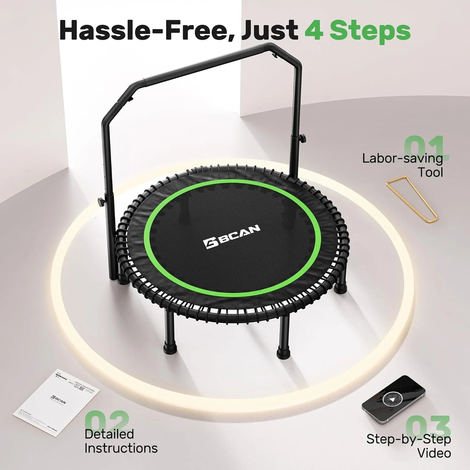 BCAN 450/550 LBS Foldable Mini Trampoline, 40/48 Fitness Trampoline with Bungees, U Shape Adjustable Foam Handle, Stable & Quiet Exercise Rebounder for Adults Indoor/Outdoor Workout
