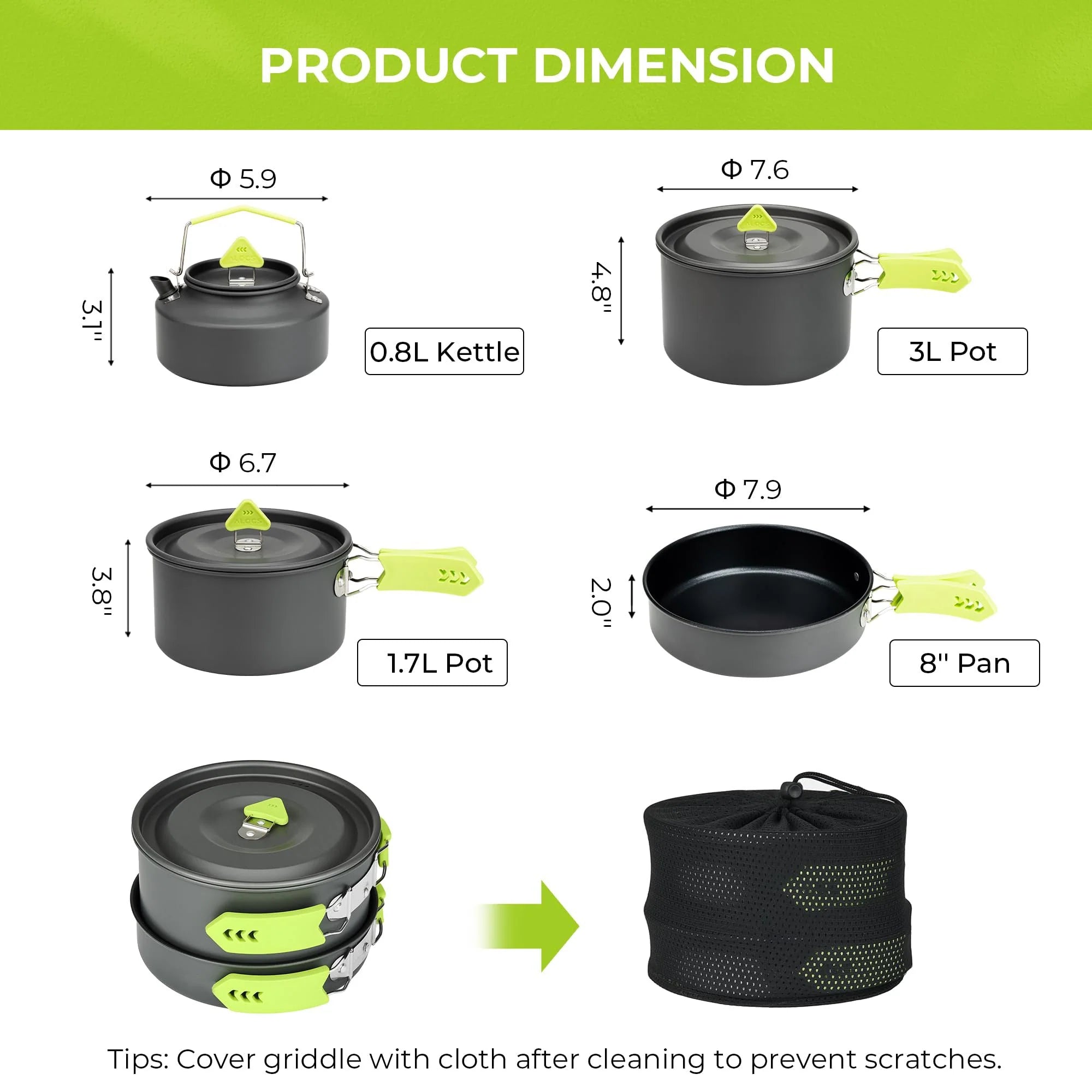 4 Piece Lightweight Aluminum Camping Cookware Set with Kettle for 2 to 4 People
