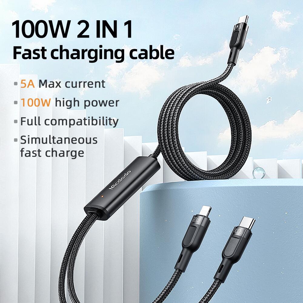 2 in 1 100W USB-C to Type-C and Lightning Cable with LED 1.2m