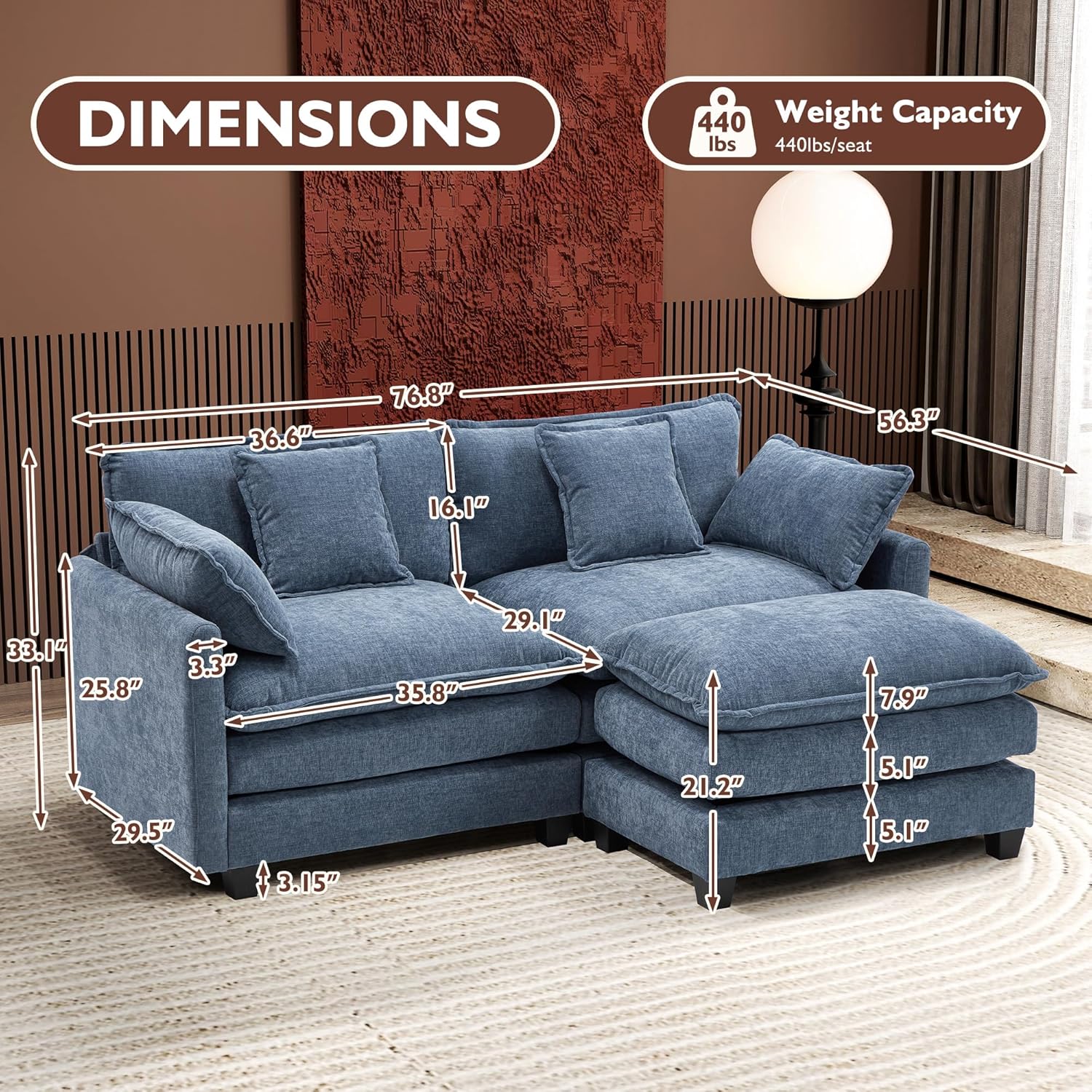 ihanherry 146-inch U-shaped modern sofa modular area cloud sofa