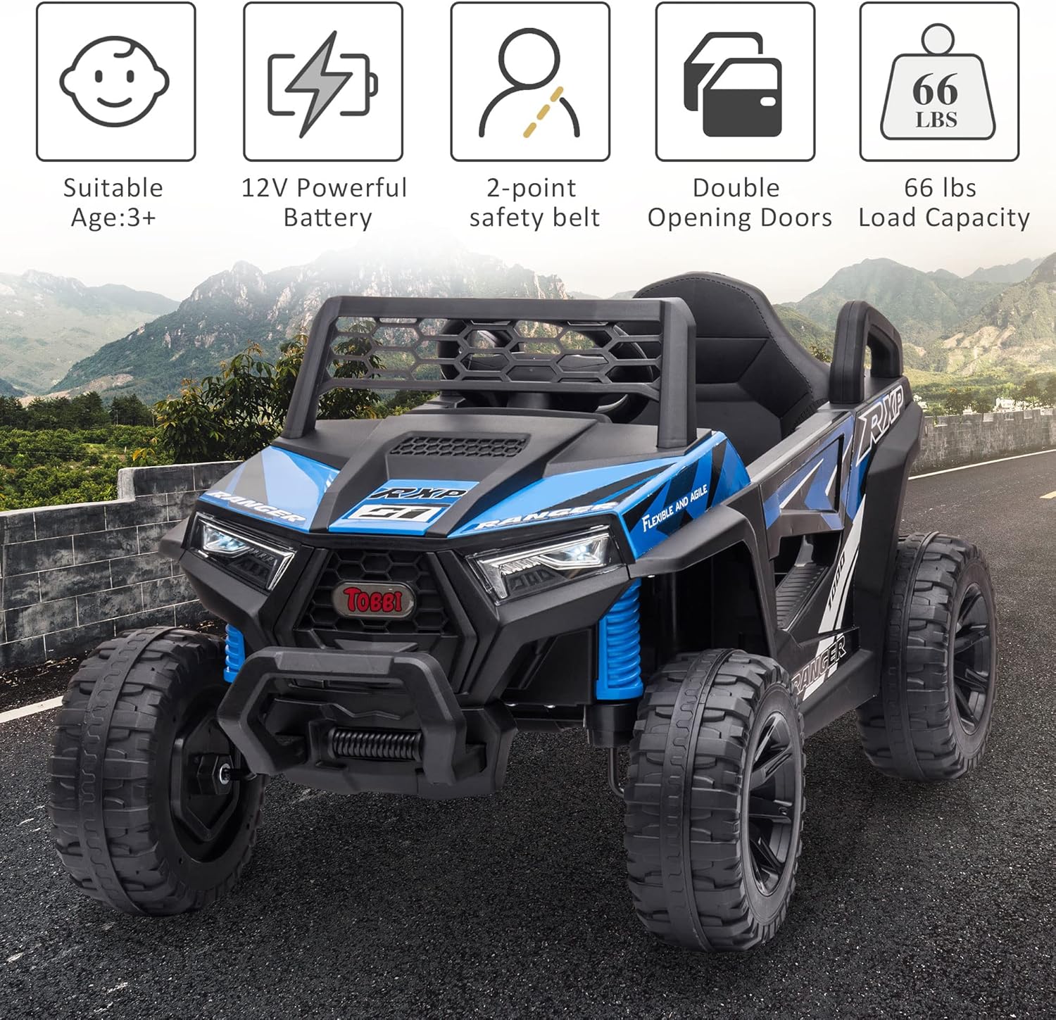 TOBBI 12V Kids Ride on Car, Electric Off-Road UTV Truck with Diverse Functions, Double Open Doors, Safety Belt, Horn, Music, and Lights for Kids Aged 3-5 Years (Rose Red)