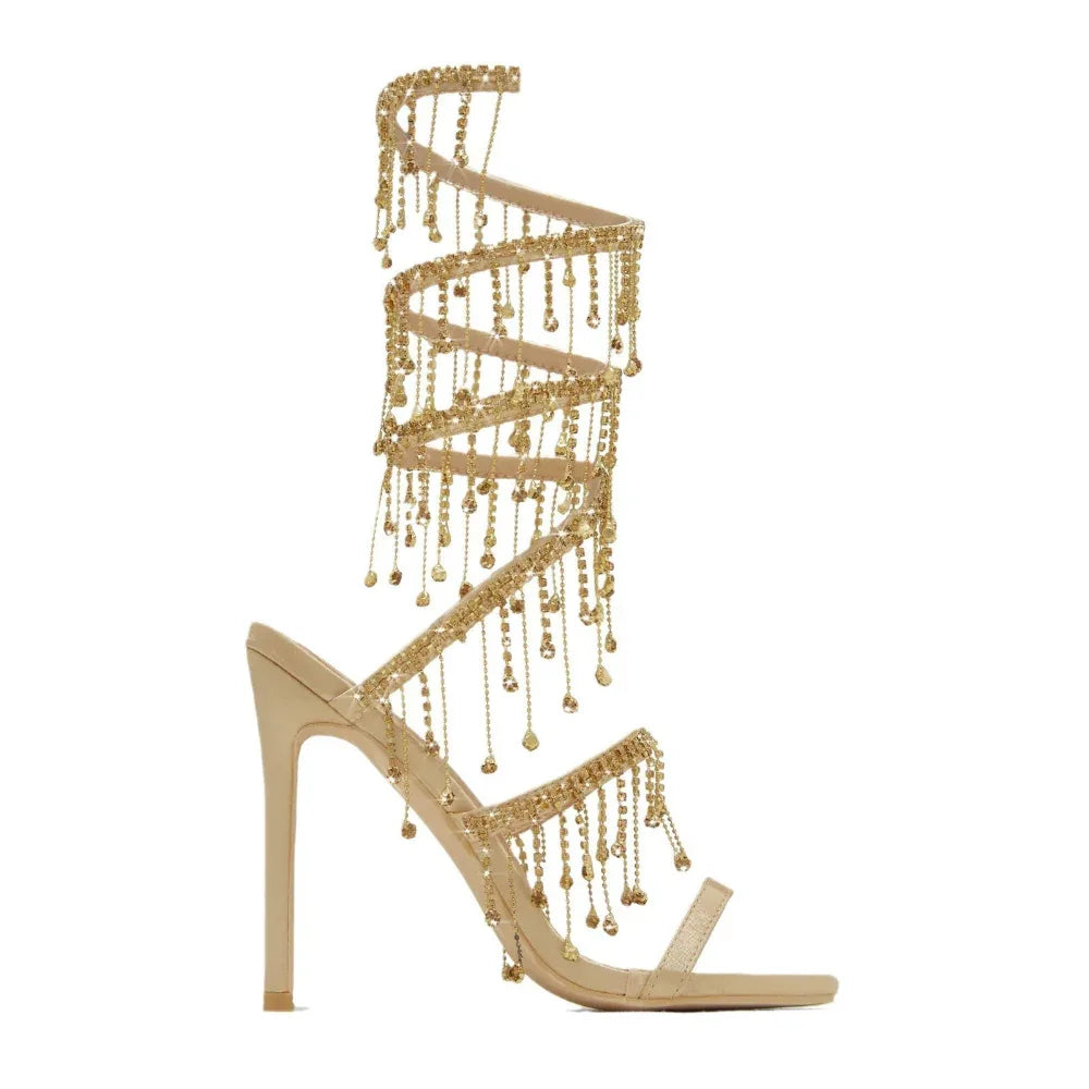 11cm Stiletto Heel Small Round Toe Satin Surface Rhinestone High-Heeled Sandals Summer Rivet