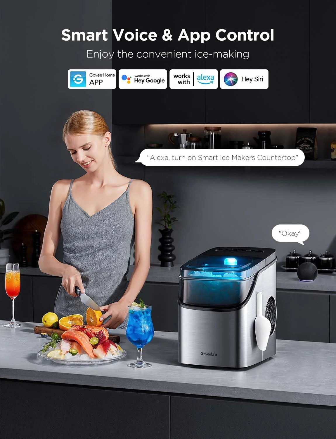 GoveeLife Smart Ice Maker Countertop, Portable Ice Machine with Voice Control, 9 Ice Cubes in 6 Minutes 3 Sizes, 26lbs/24Hrs, Self Cleaning RGB Lights, Quiet Ice Maker with Scoop for Kitchen Black