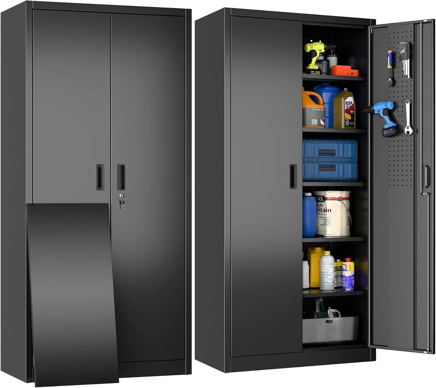 Metal Storage Cabinet with Pegboard 71'' x 34'' x 18'',Lockable Steel Storage Cabinet with 5 Adjustable Shelves and Door for Garage, Office, Kitchen, Assembly Required(Black)