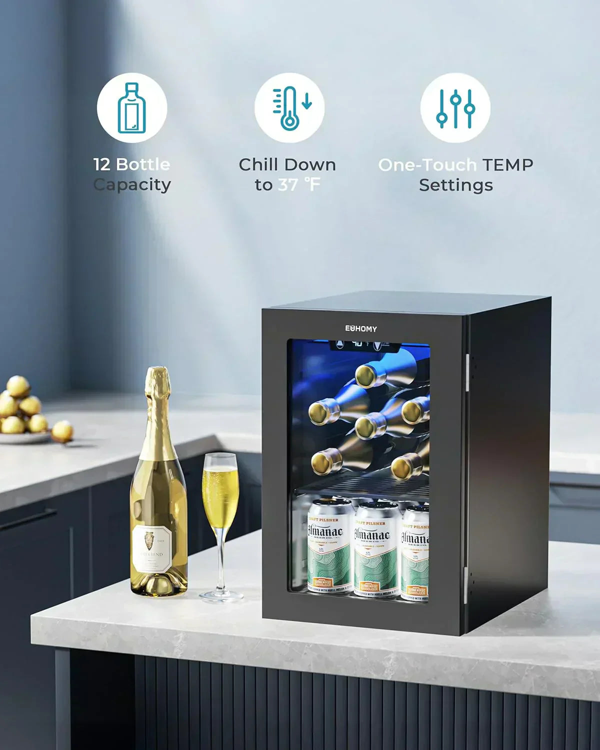 EUHOMY Beverage Refrigerator Cooler 130 Can Mini Fridge with Glass Door Beverage Cooler