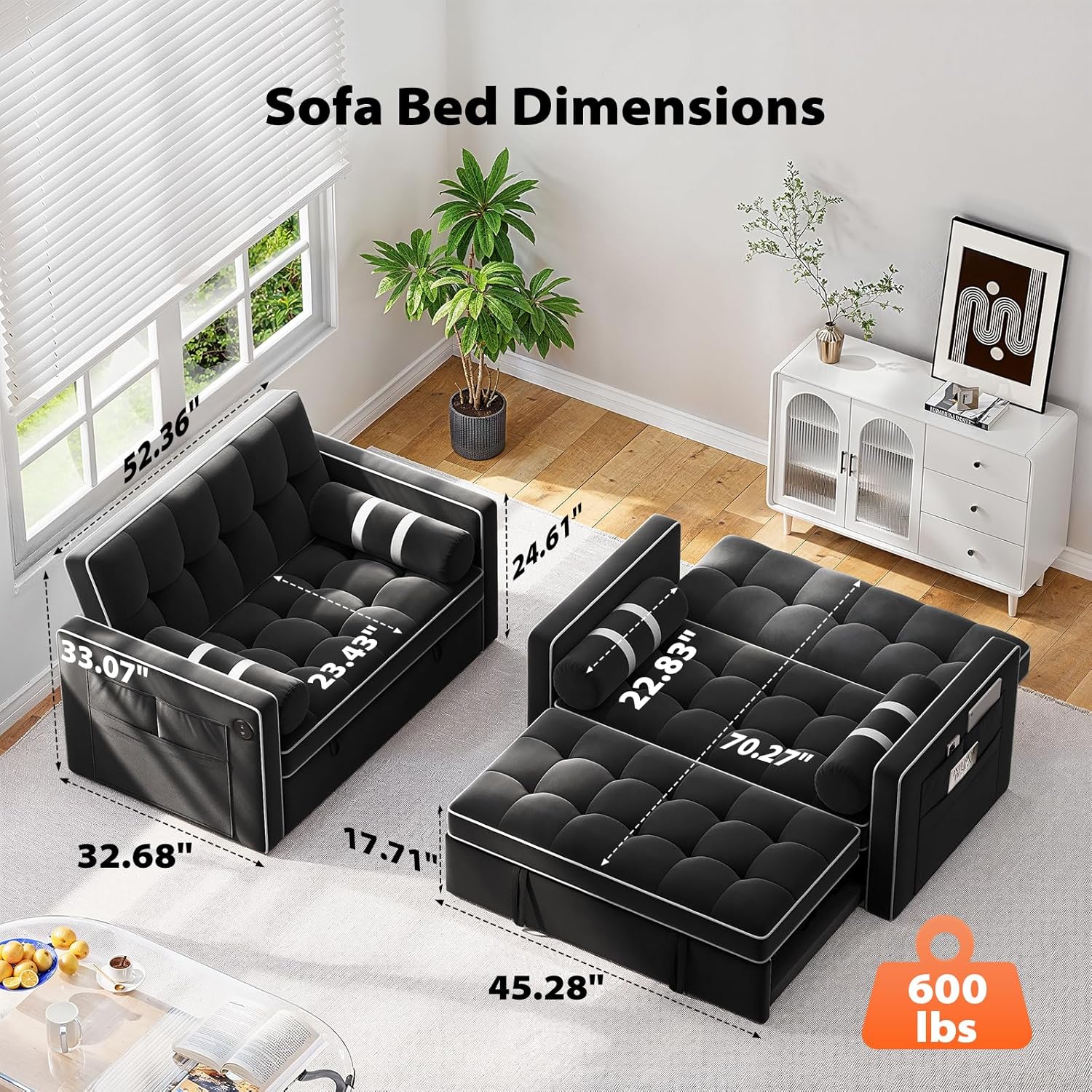 Pipishell 3 in 1 Convertible Sleeper Sofa Bed Pull Out Couch for Living Room USB Ports Side Pockets