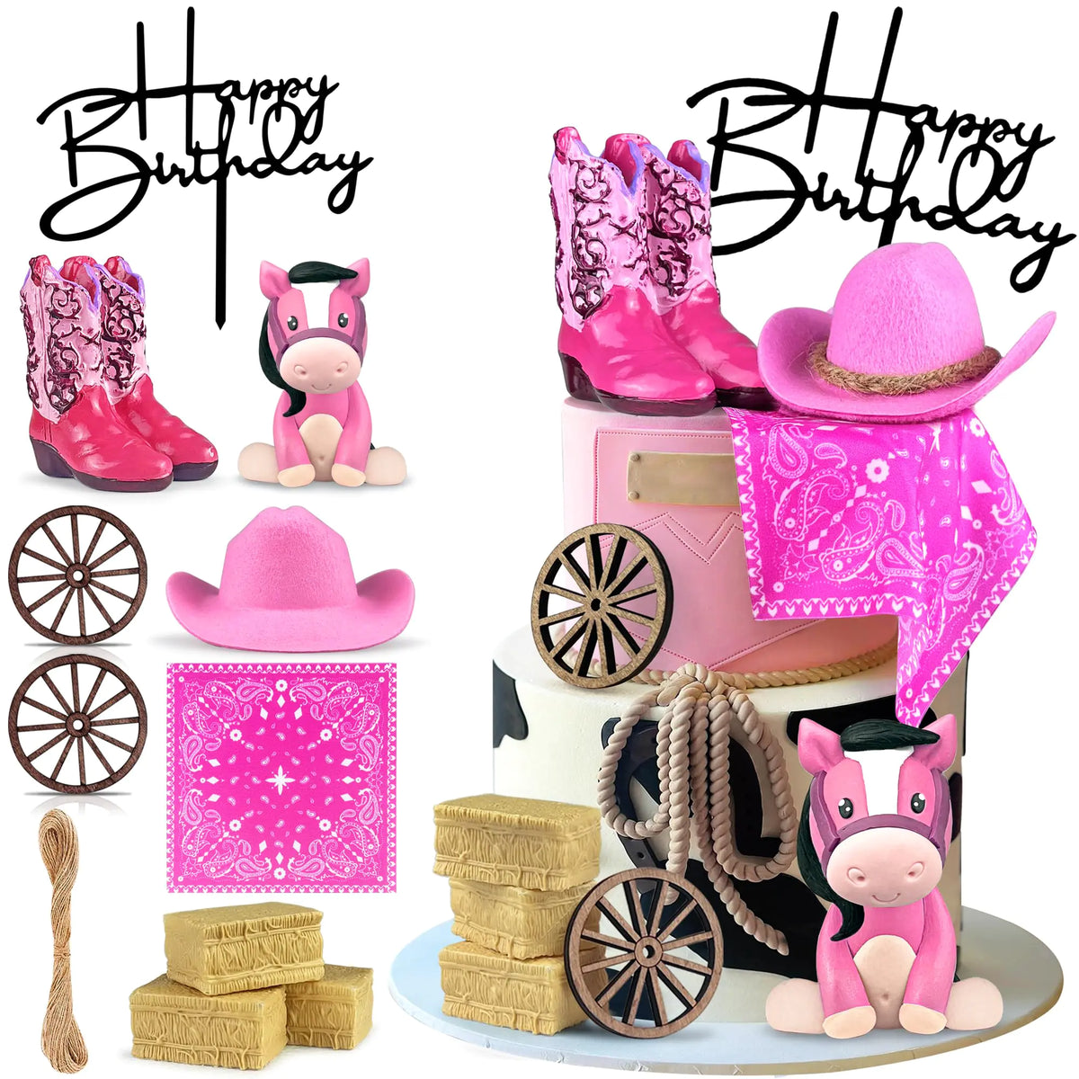Pink Cowgirl Cake Toppers - Hat, Boot & Horse Set for Western Parties
