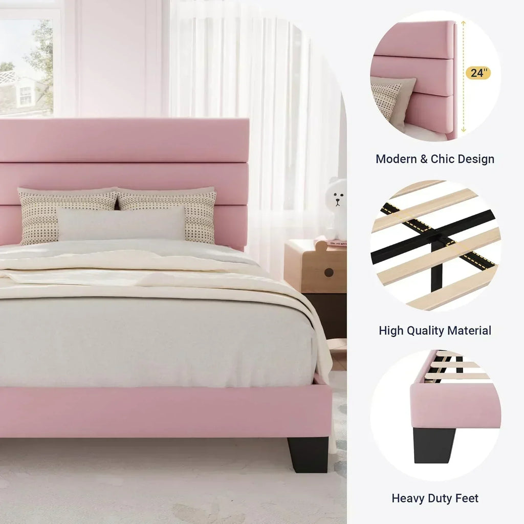 Allewie Queen Size Platform Bed Frame with Fabric Upholstered Headboard Wooden Slats Support
