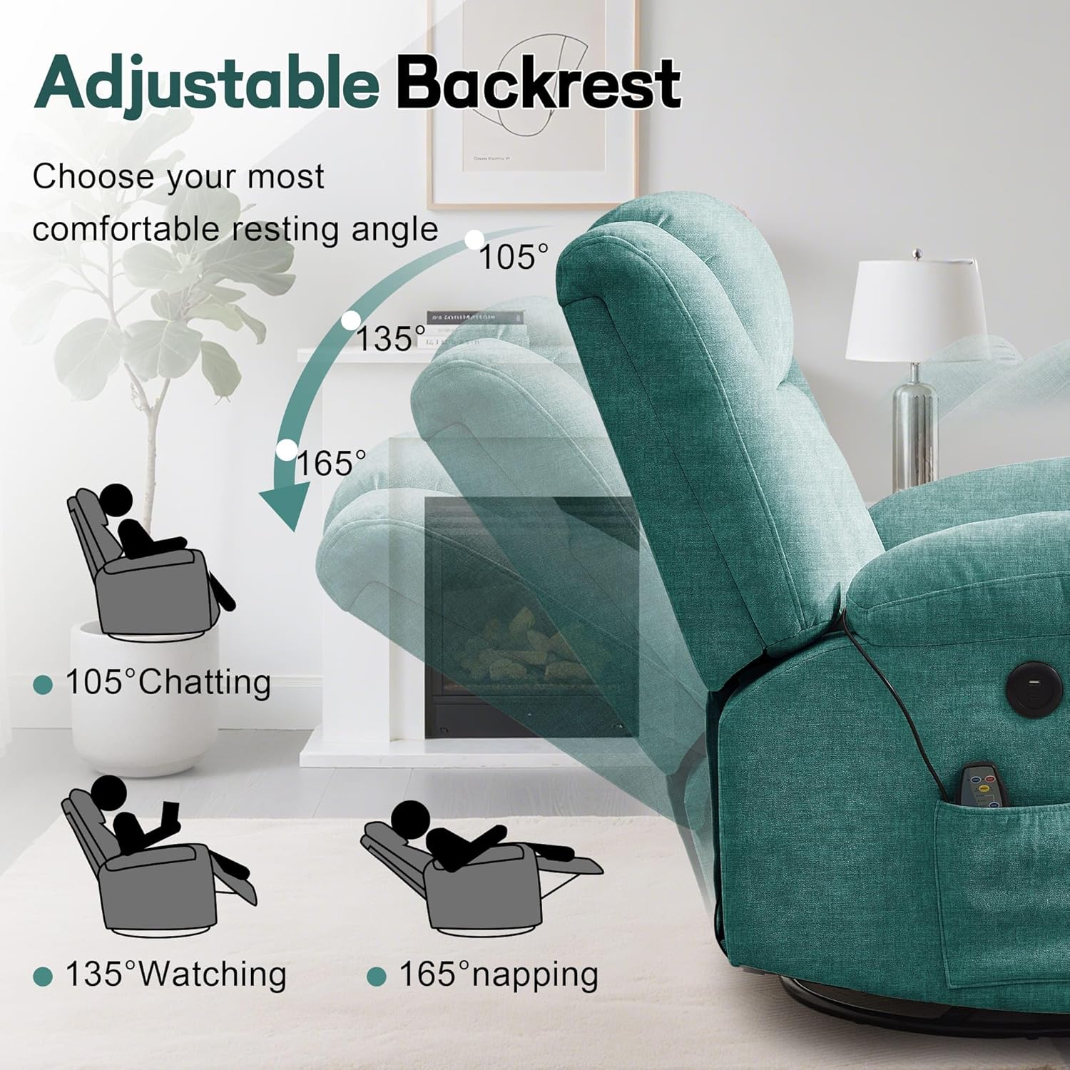 Adult rocking chair, gliding recliner, 360° rotating rocking chair with massage and heating function