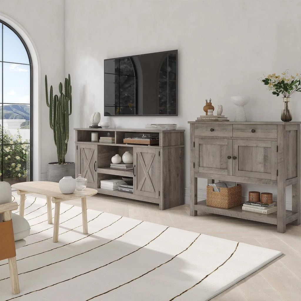 Farmhouse style console table coffee bar, entry table with storage rack, sofa table buffet sideboard