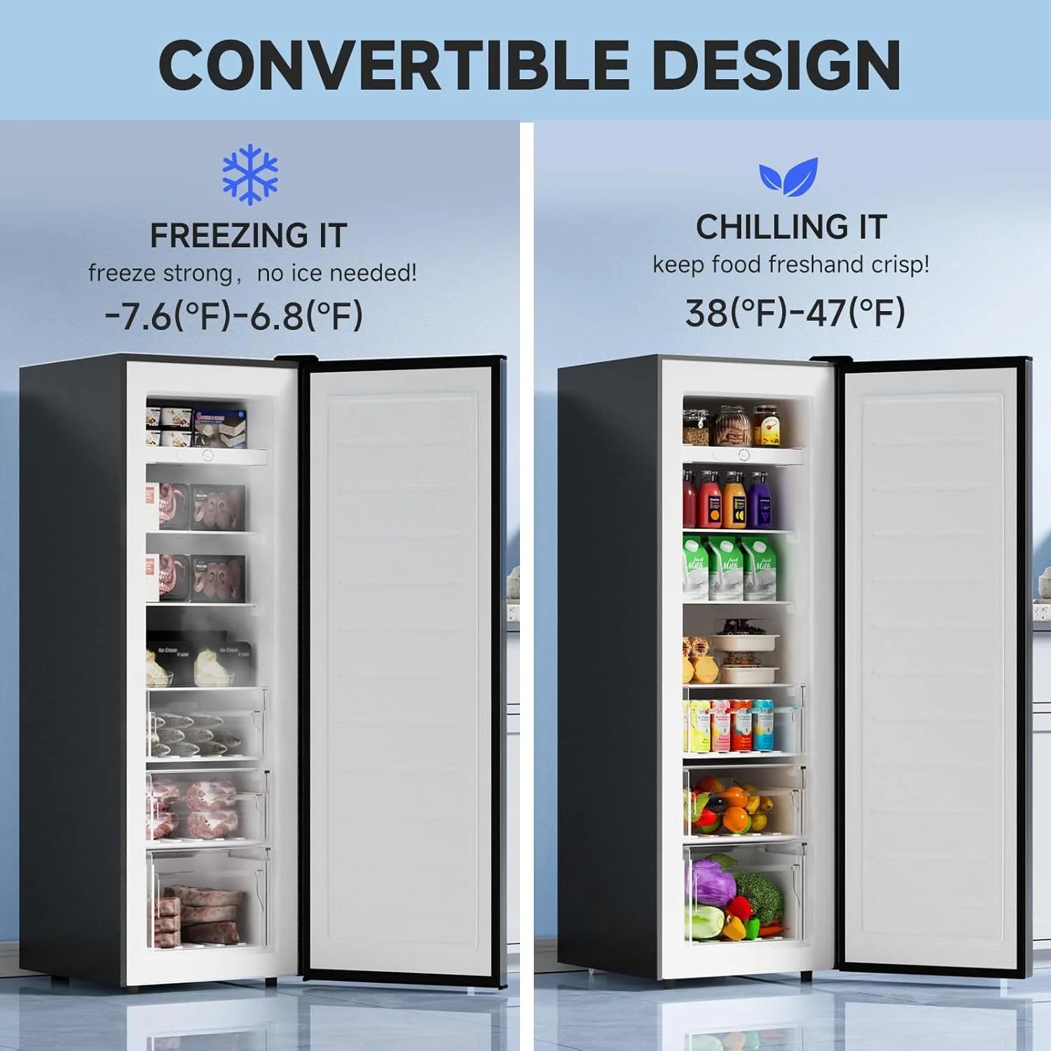 BANGSON Upright Freezer, 7.0 Cu.ft Stand Up Freezer, Convertible Upright Freezer/Refrigerator, Single Door for Kitchen,Garage, Office, Apartment, Silver