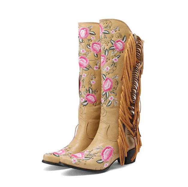 Floral Rivet Tassel High Boots