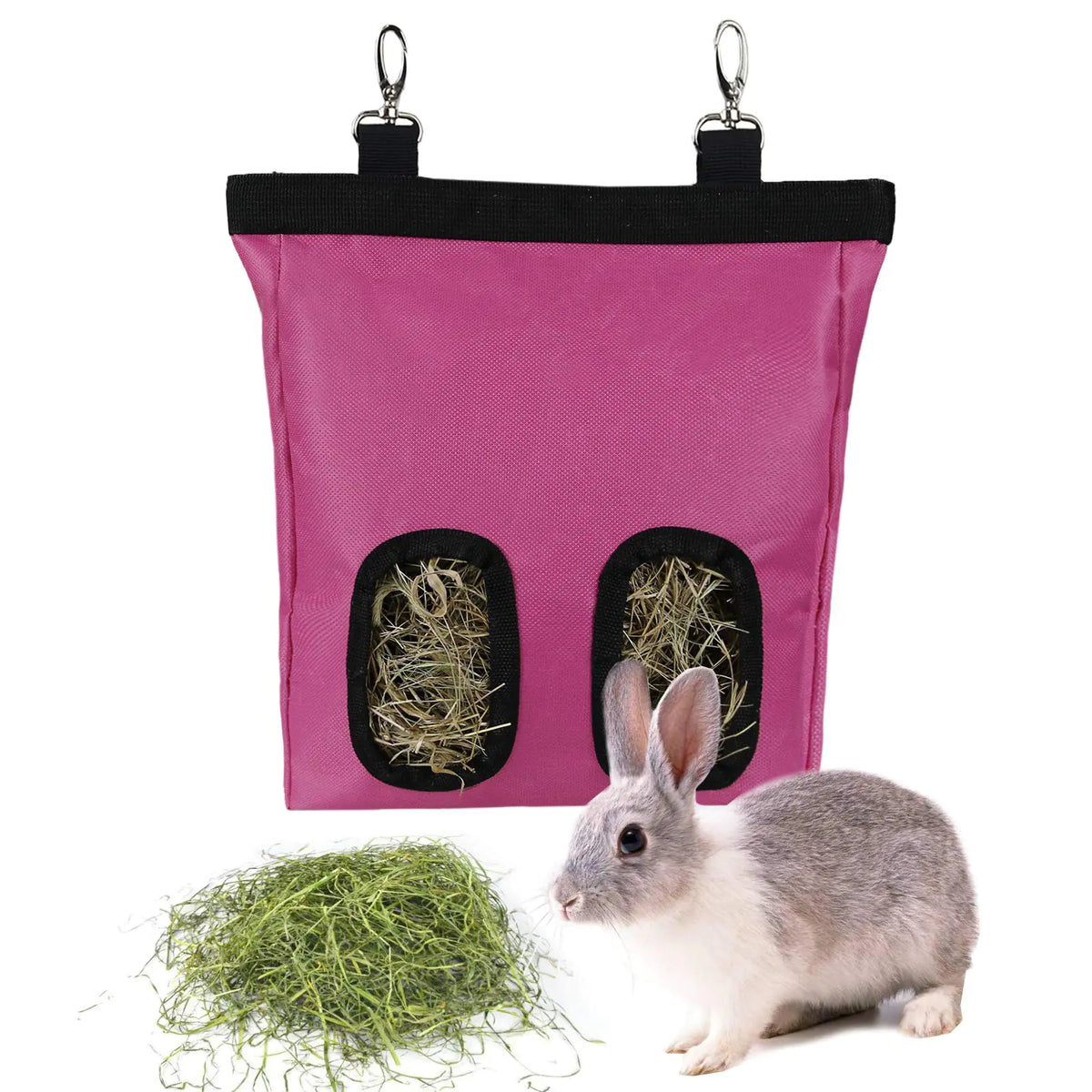 Rabbit Hay Feeder Bag Guinea Pigs Hanging Hay Rack Manger Holder Dispenser Small Animal Feeder Storage Pouch for Bunny Chinchilla Hamster (Pink 2 Windows)