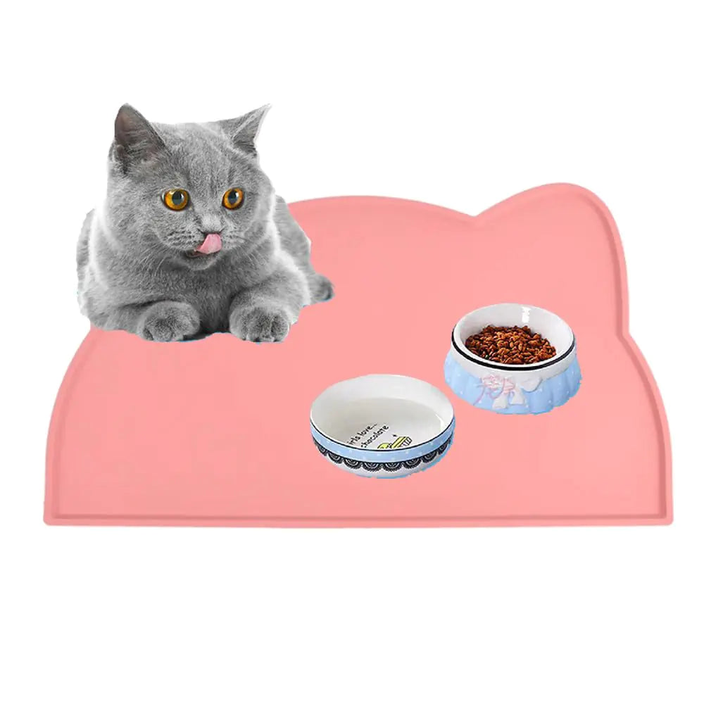 Cat Food Mat Pet Feeding Tray with Raised Edge Dog Mat for Food and Water Cat Food Mats for Indoor Cats Non Slip Silicone Mat for Cat Bowls Pink