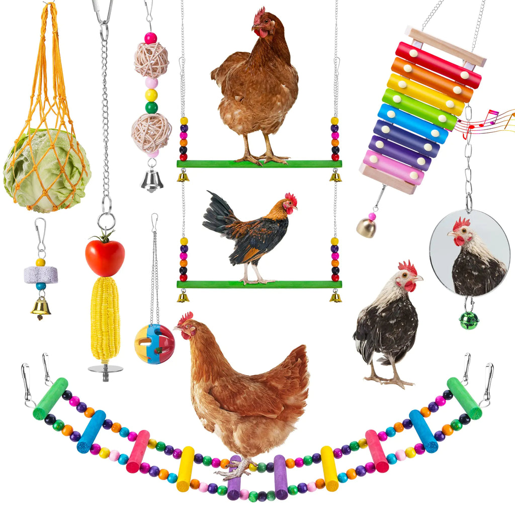 EBaokuup 10PCS Chicken Toys for Hens Chicken Xylophone Toy Chicken Bridge Swing Toys Chicken Pecking Toys Chicken Mirror Toys and Vegetable Hanging Feeder for Chicken Hens